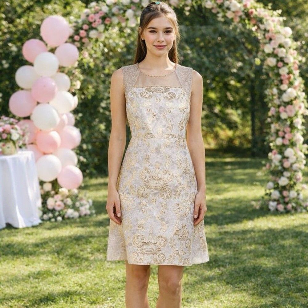 Elie Tahari Cocktail Dress Gold Floral Size US 8 Medium